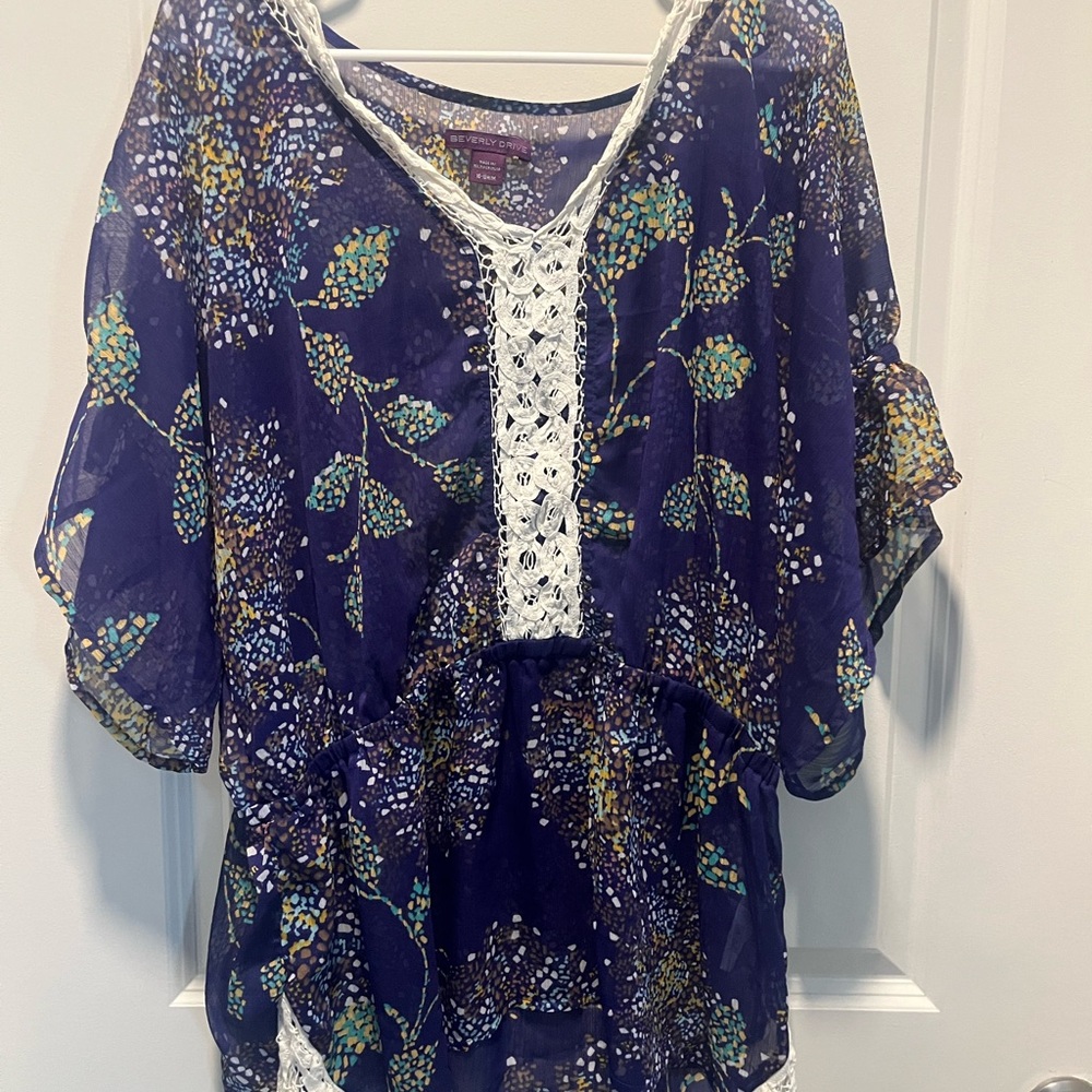 Beverly Drive Boho Sheer Blouse w/ Lace Trim 16-18W Navy Floral Top
